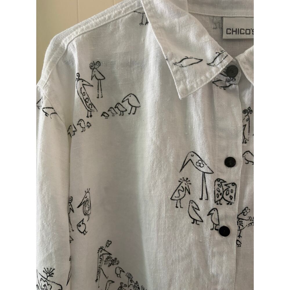 Chico’s White Button Up w/black line Drawings Size 2 - Picture 3 of 5